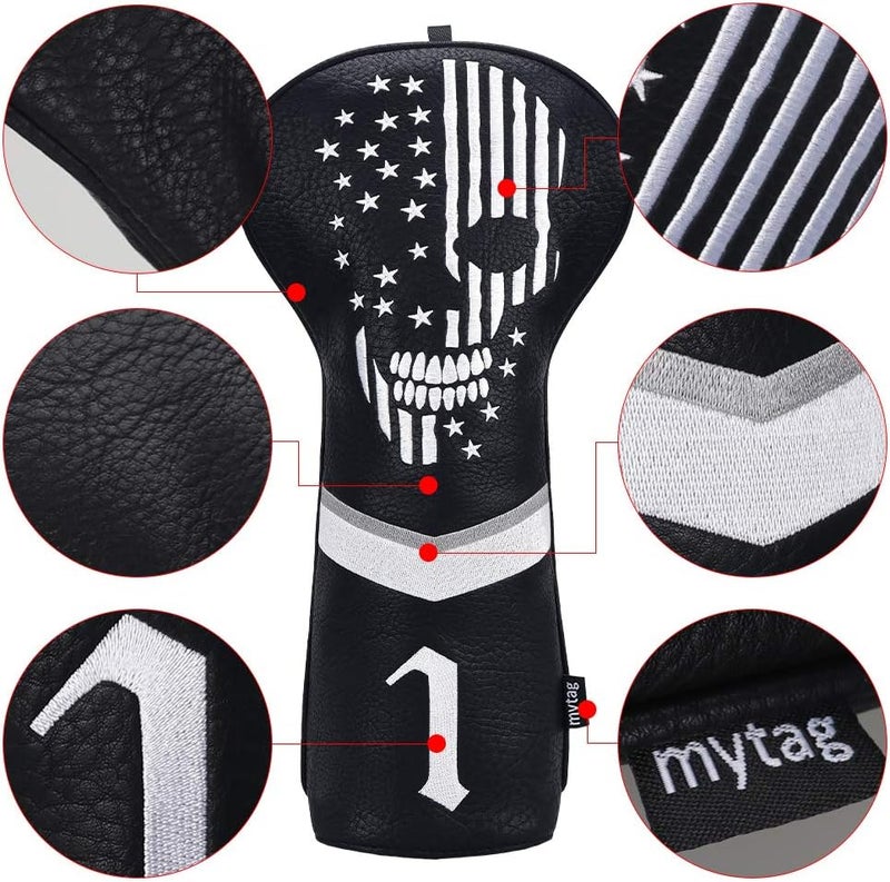 caiobob mytag Skull Skeleton Golf Head Covers Black Synthetic Leather Golf Headcovers Set Fits Driver Fairway Wood Hybrid/Utility Putter Iron Wedge Headcover - Image 4